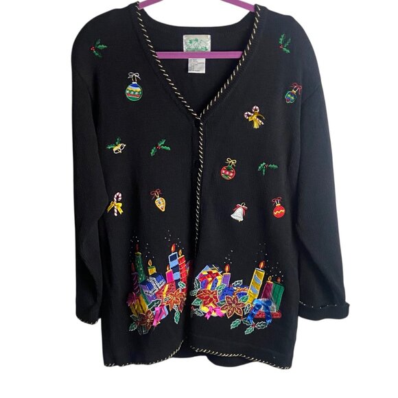 Quacker Factory Size Large Christmas Holiday Cardigan Sweater Embroidered Beaded - Picture 1 of 7